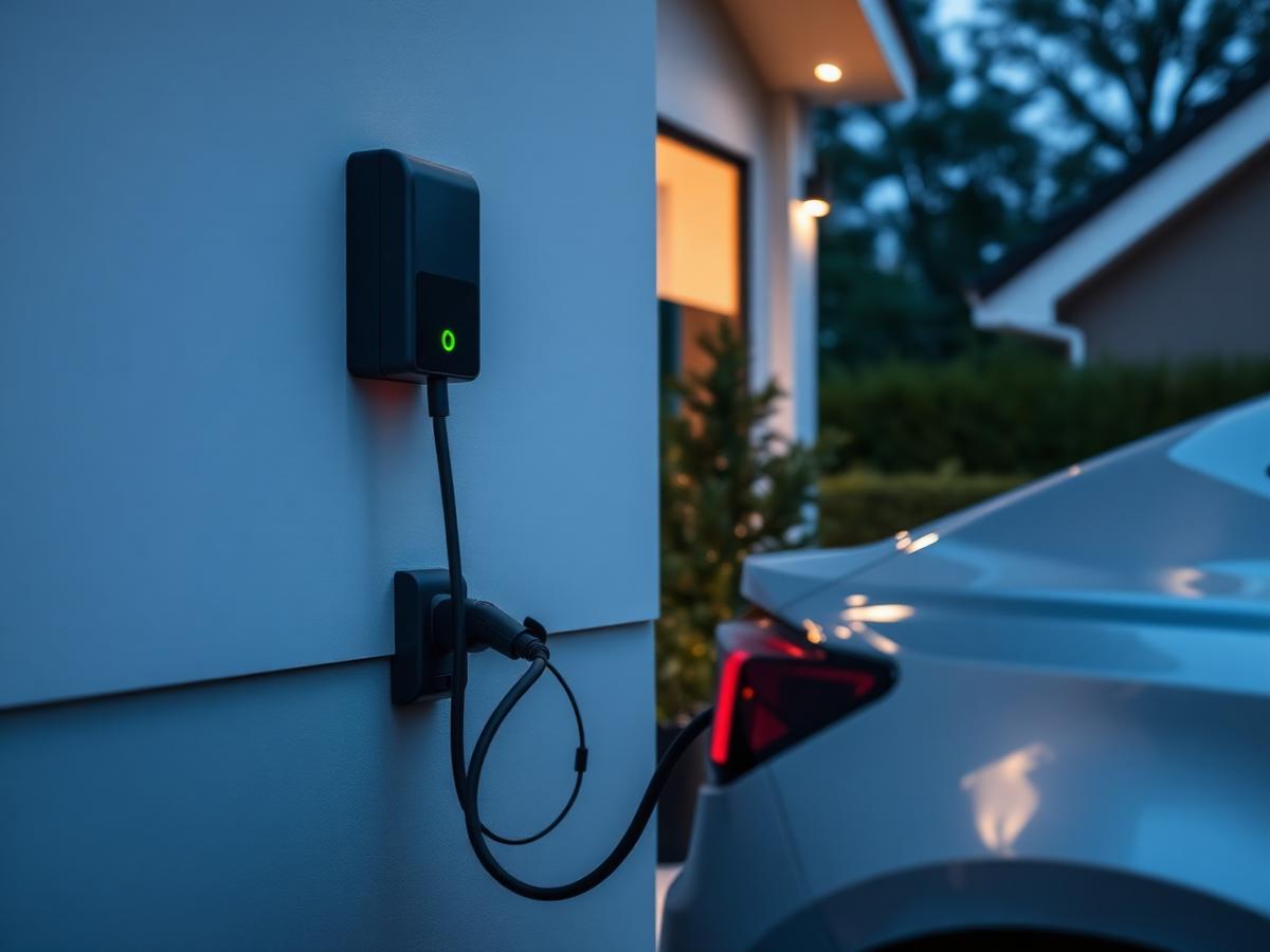 Placeholder image: wall-mounted home EV charge point connected to an electric car