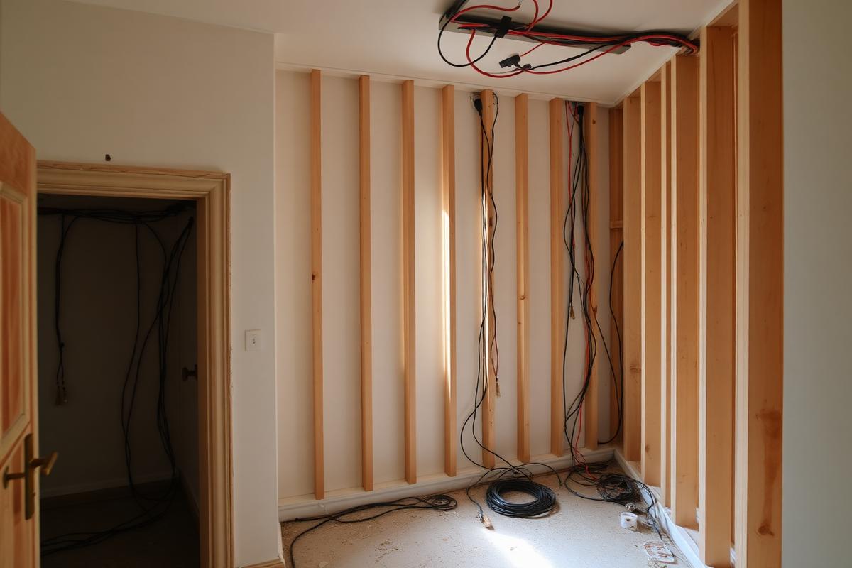 Placeholder image: new electrical cabling installed through stud walls during a full house rewire